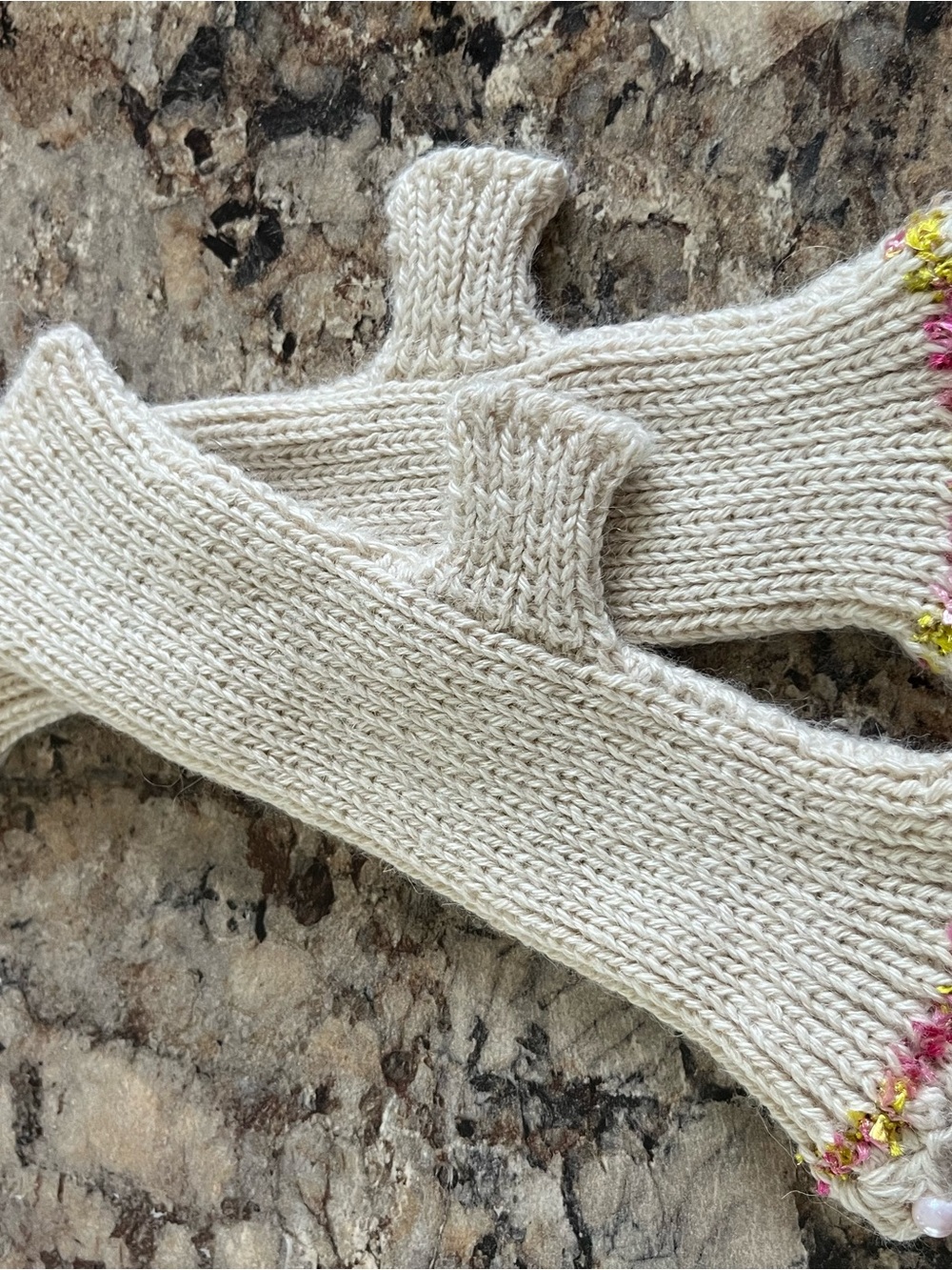 Cream Knit Thumbhole Arm Warmers with Floral Trim
